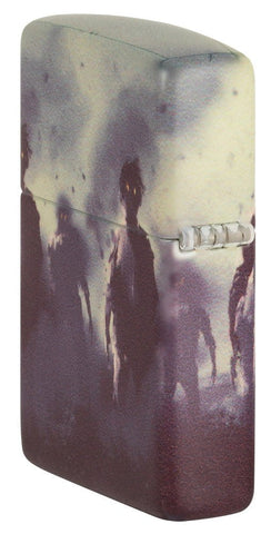 Angled shot of Zombie Design 540 Color Windproof Lighter, showing the back and hinge side of the lighter.