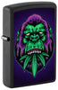 Front shot of Zippo Black Light Cannabis Gorilla Design Black Matte Windproof Lighter  standing at a 3/4 angle.