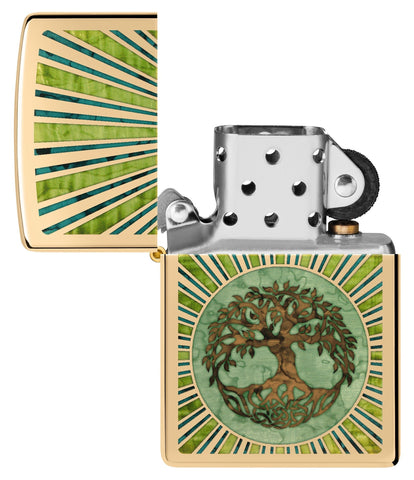 Fusion Tree of Life Design High Polish Brass Windproof Lighter with its lid open and unlit.