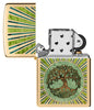 Fusion Tree of Life Design High Polish Brass Windproof Lighter with its lid open and unlit.