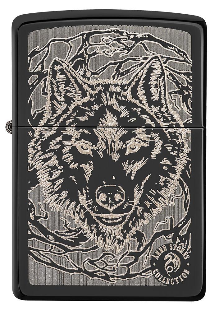 Front of Anne Stokes Wolf High Polish Black Windproof Lighter