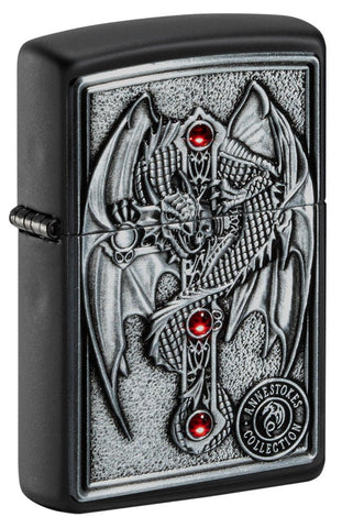Front shot of Anne Stokes Gothic Guardian Emblem Black Matte Windproof Lighter standing at a 3/4 angle.