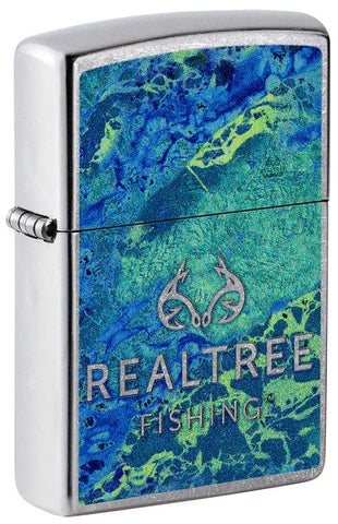 Front shot of Realtree® Blue and Green Camo Street Chrome™ Windproof Lighter standing at a 3/4 angle.