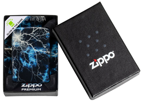 Zippo Lightning Design Glow in the Dark 540 Color Windproof Lighter in its packaging.
