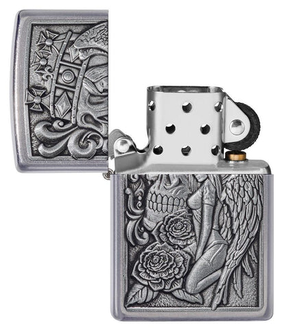 Skull and Angel Emblem Design Street Chrome™ Windproof Lighter with its lid open and unlit