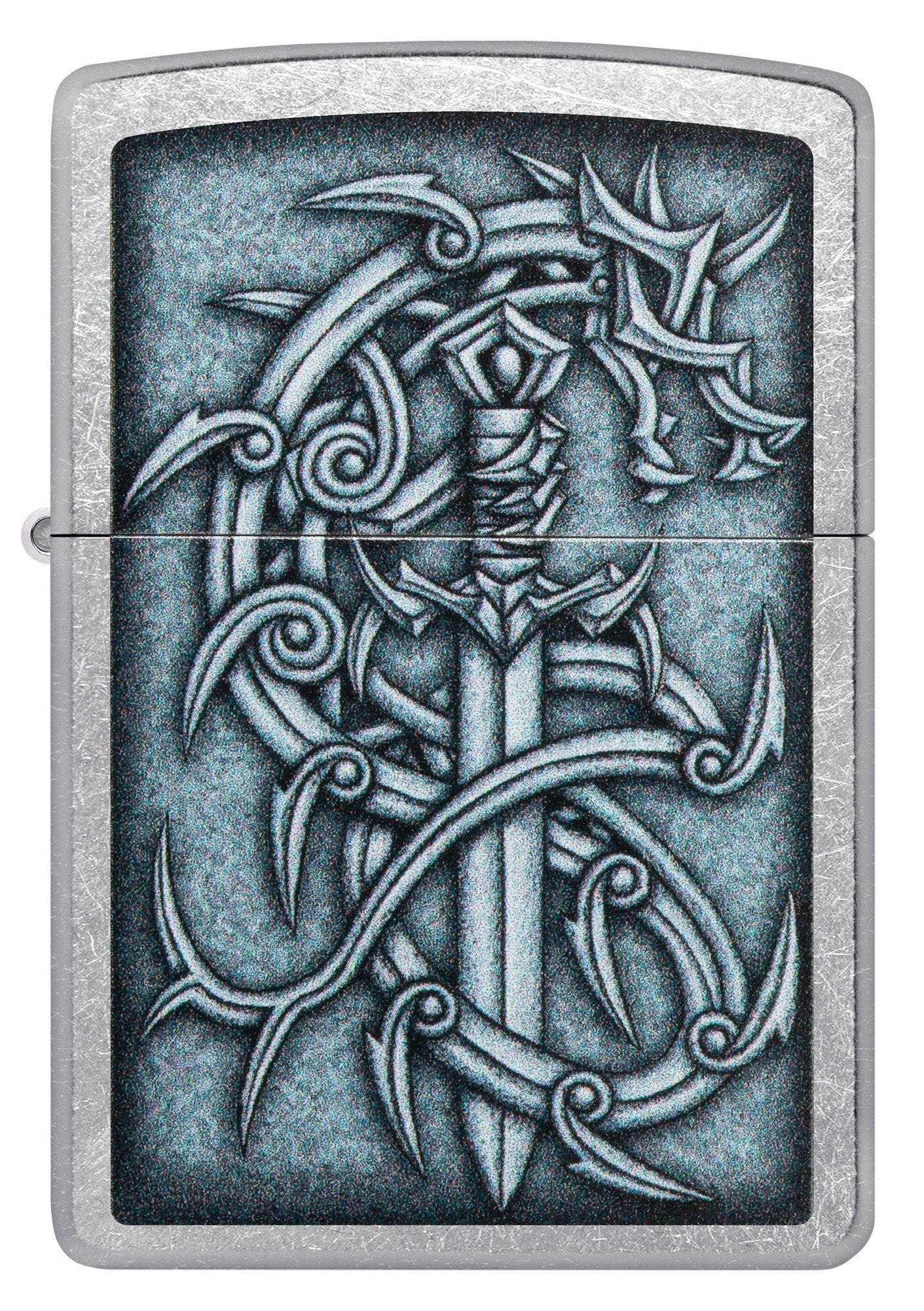 Front shot of Medieval Dragon and Blade Street Chrome Windproof Lighter.