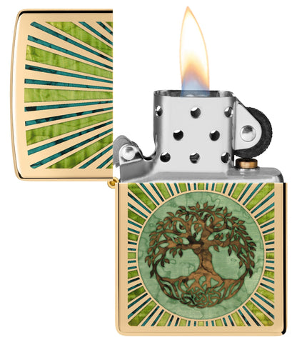 Fusion Tree of Life Design High Polish Brass Windproof Lighter with its lid open and lit.