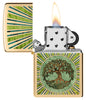 Fusion Tree of Life Design High Polish Brass Windproof Lighter with its lid open and lit.