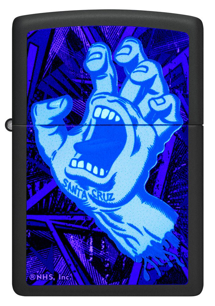 Front shot of Santa Cruz Screaming Hand Black Light Black Matte Windproof Lighter glowing with a black light. 