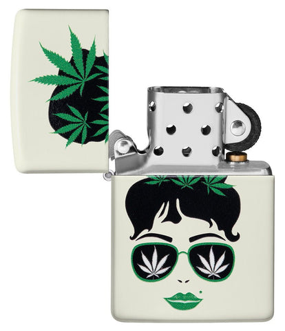 Zippo Cannabis Girl Design Glow In The Dark Pocket Lighter with its lid open and unlit.