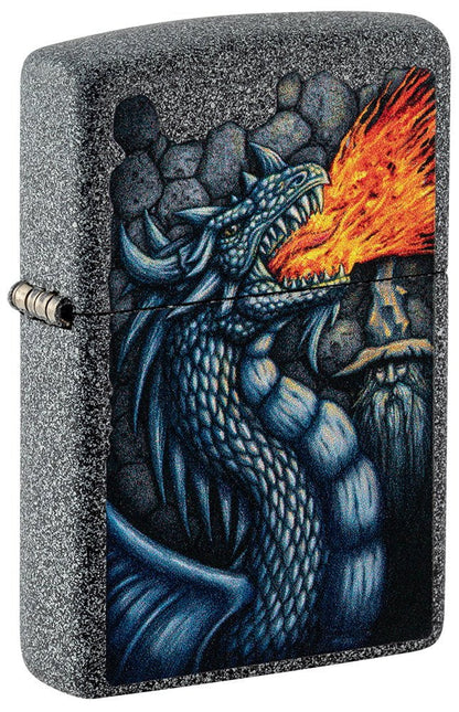 Front shot of Fiery Dragon Design Iron Stone Windproof Lighter standing at a 3/4 angle.