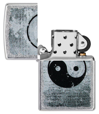 Yin Yang Design Street Chrome™ Windproof Lighter with its lid open and unlit.