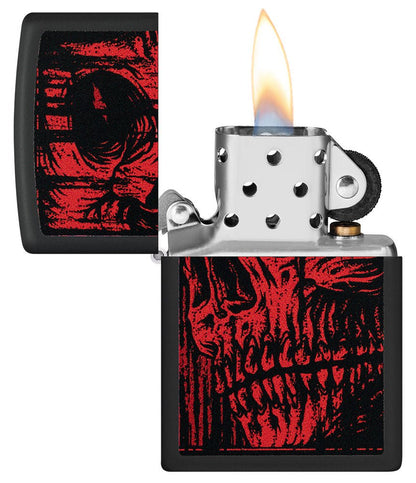 Red Skull Design Black Matte Windproof Lighter with its lid open and lit.