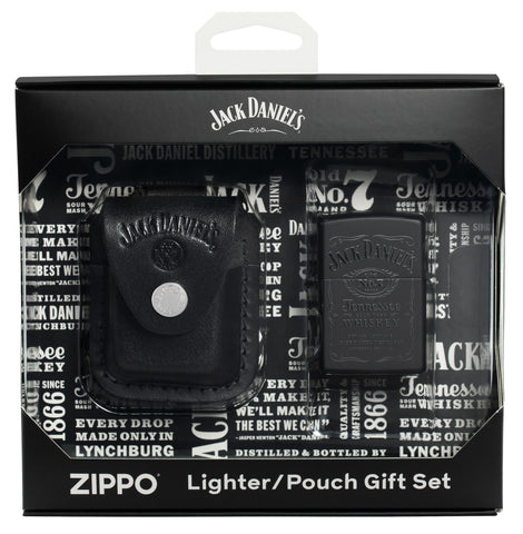 Front shot of Zippo Jack Daniel's Black Matte Windproof Lighter and Pouch Gift Set packaging.