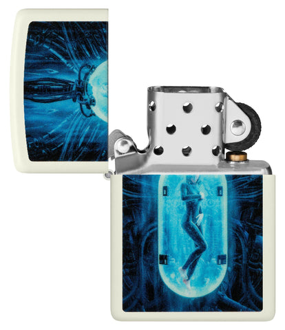 Zippo Tube Woman Design Glow in the Dark Matte Windproof Lighter with its lid open and unlit.