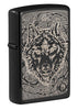 Front shot of Anne Stokes Wolf High Polish Black Windproof Lighter standing at a 3/4 angle