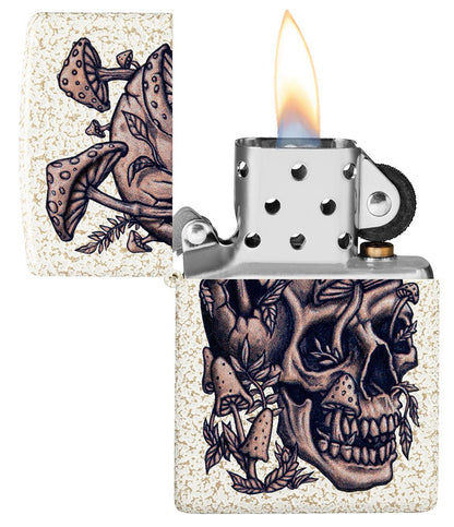 Skullshroom Design Mercury Glass Windproof Lighter with its lid open and lit.