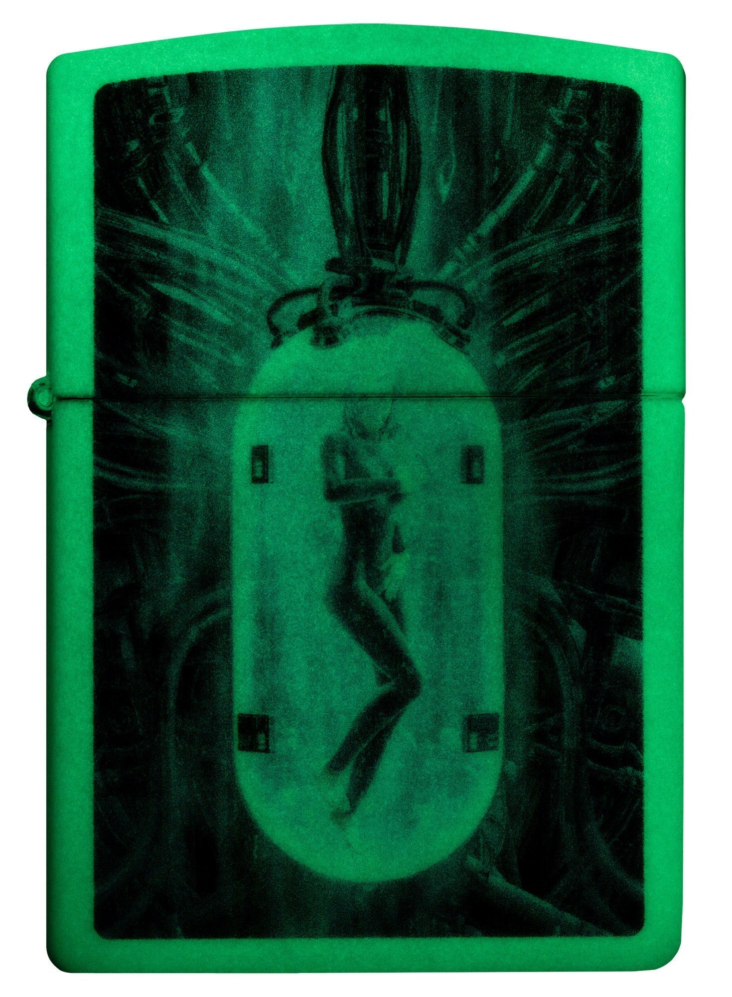 Front view of Zippo Tube Woman Design Glow in the Dark Matte Windproof Lighter glowing in the dark.