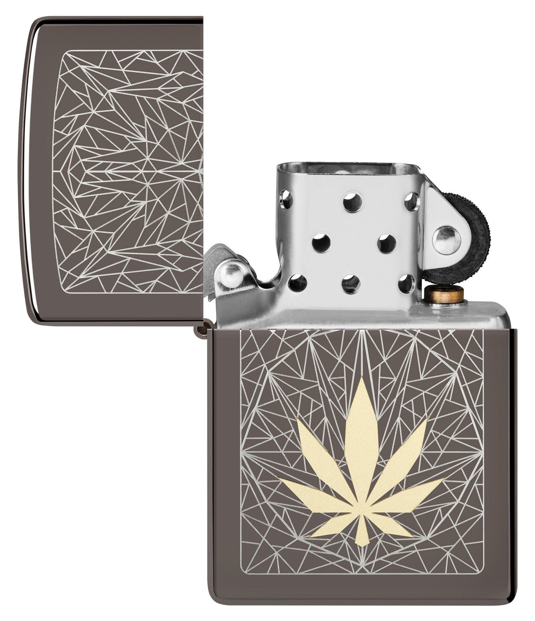 Cannabis Design Laser Two Tone Black Ice Windproof Lighter with its lid open and unlit.