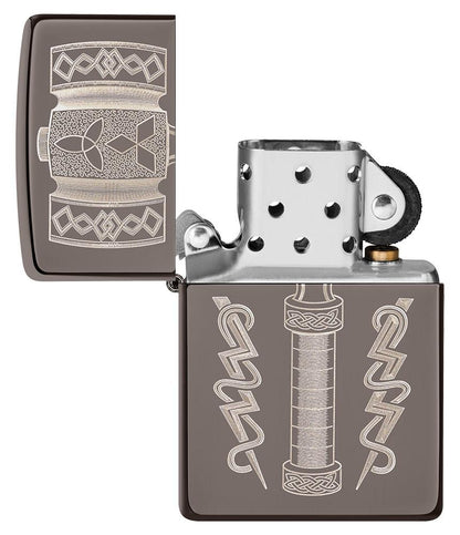 Thor's Hammer Design Black Ice® Windproof Lighter with its lid open and unlit