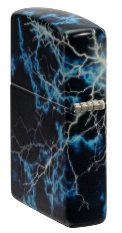 Angled shot of Zippo Lightning Design Glow in the Dark 540 Color Windproof Lighter showing the back and hinge side of the lighter.