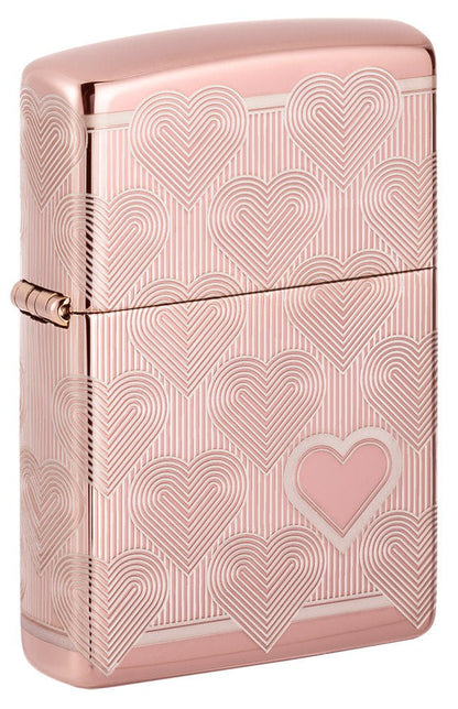 Front shot of Heart Design High Polish Rose Gold Windproof Lighter standing at a 3/4 angle.