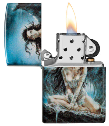 Zippo Luis Royo Woman Angel 540 Color Windproof Lighter with its lid open and lit.