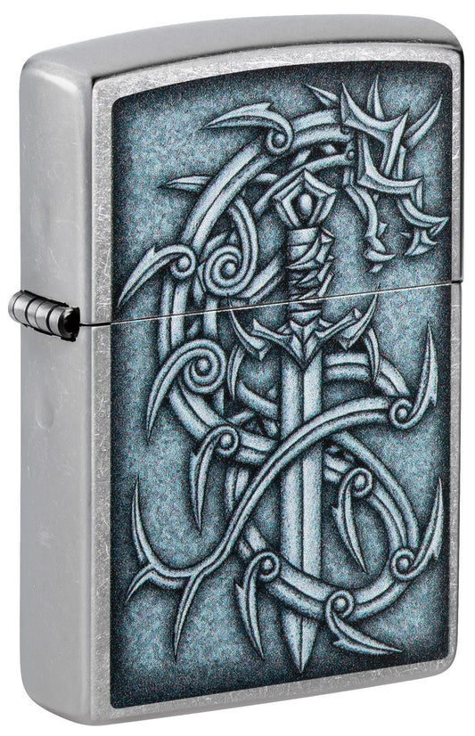 Front shot of Medieval Dragon and Blade Street Chrome Windproof Lighter standing at a 3/4 angle.