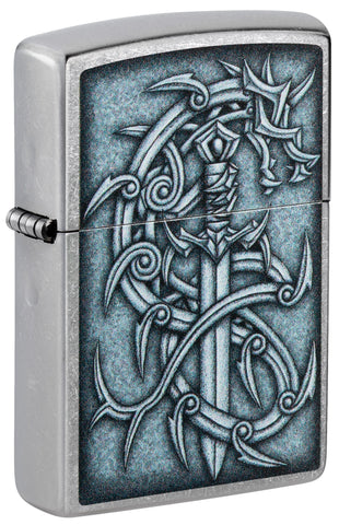 Front shot of Medieval Dragon and Blade Street Chrome Windproof Lighter standing at a 3/4 angle.