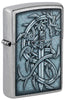 Front shot of Medieval Dragon and Blade Street Chrome Windproof Lighter standing at a 3/4 angle.