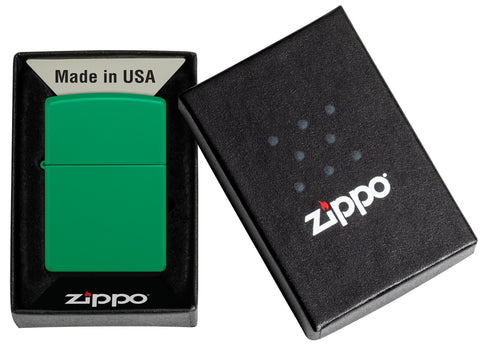 Zippo Grass Green Matte Classic Windproof Lighter in its packaging.