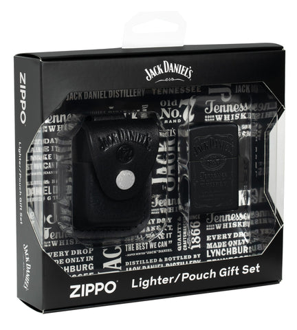 Zippo Jack Daniel's Black Matte Windproof Lighter and Pouch Gift Set packaging standing at an angle.