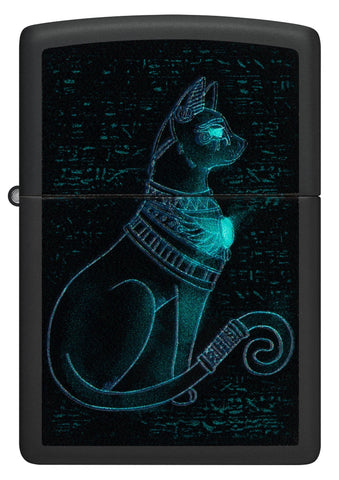 Front view of Zippo Black Light Spiritual Cat Design Black Matte Windproof Lighter.