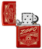Zippo It Works Design Metallic Red Windproof Lighter with its lid open and unlit.