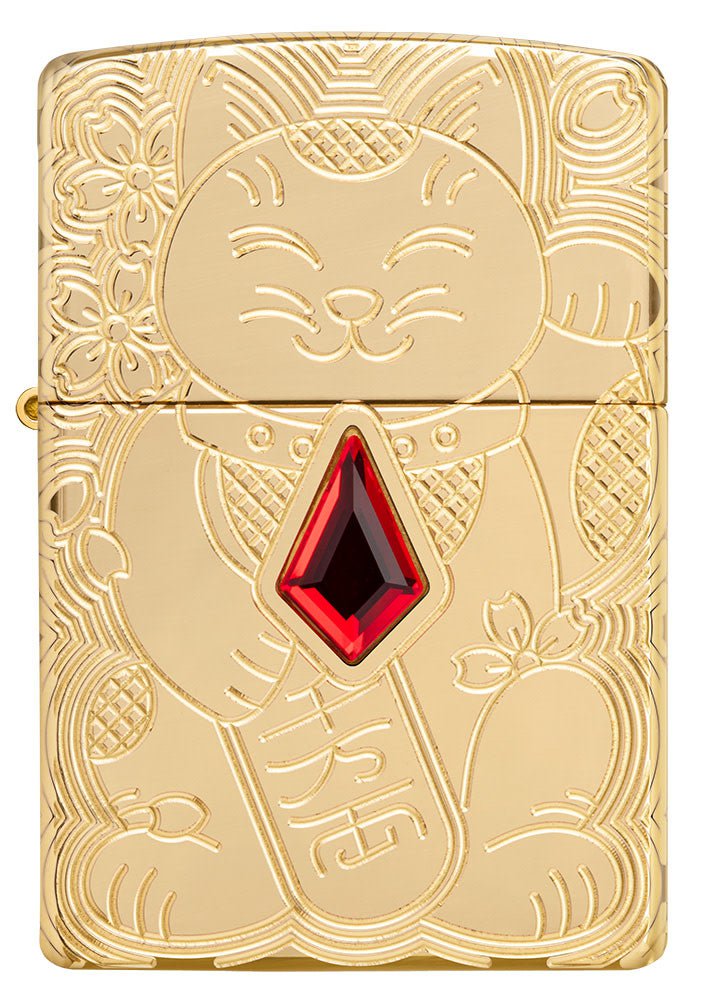 Front shot of Lucky Cat Design Emblem Attached Armor® High Polish Brass Windproof Lighter.