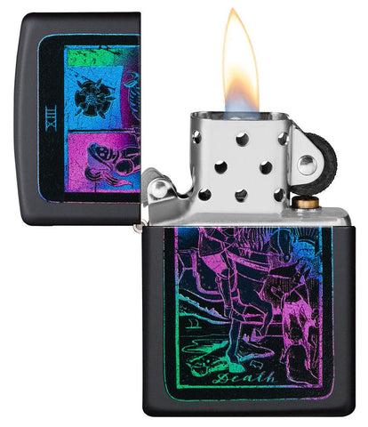Black Light Tarot Card Design Black Matte Windproof Lighter with its lid open and lit.