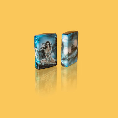 Glamour shot of Zippo Luis Royo Woman Angel 540 Color Windproof Lighter standing in a yellow scene.