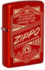 Front shot of Zippo It Works Design Metallic Red Windproof Lighter standing at a 3/4 angle.