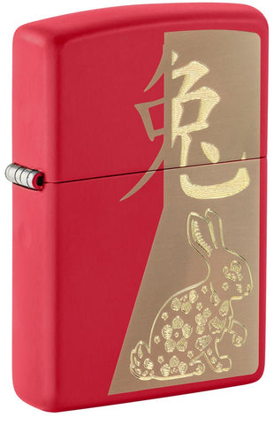 Front shot of Year of the Rabbit Red Matte Windproof Lighter standing at a 3/4 angle.