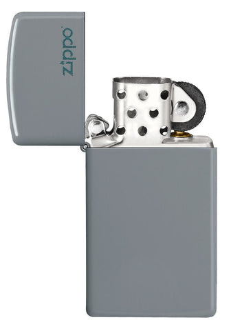 Zippo Slim Flat Grey Zippo Logo Pocket Lighter with its lid open and unlit