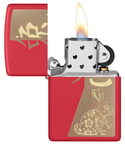 Year of the Rabbit Red Matte Windproof Lighter with its lid open and lit.