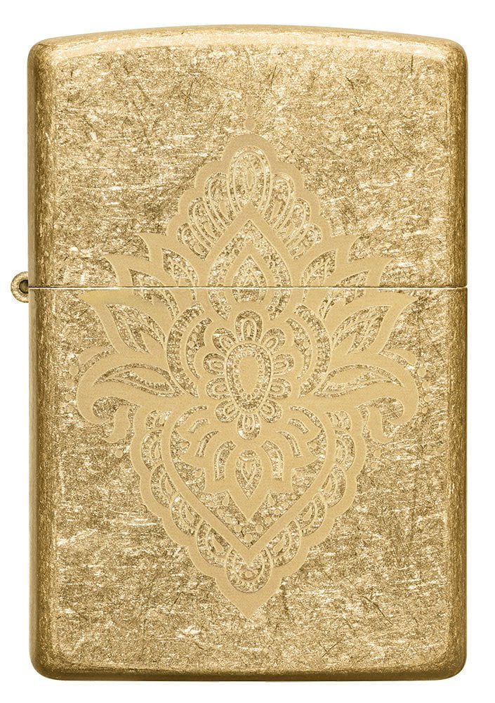 Front shot of Henna Tattoo Design Tumbled Brass Windproof Lighter.