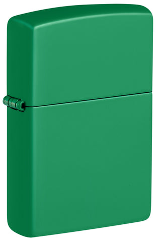 Front shot of Zippo Grass Green Matte Classic Windproof Lighter standing at a 3/4 angle.