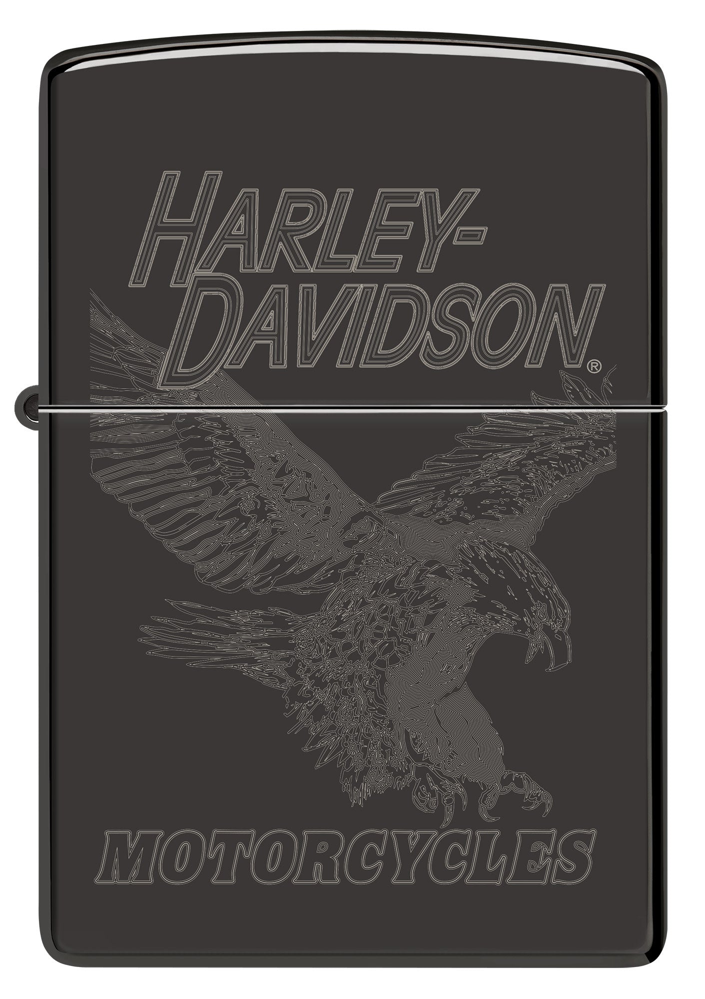 Front view of Zippo Harley-Davidson Laser Fancy Fill High Polish Black Windproof Lighter.