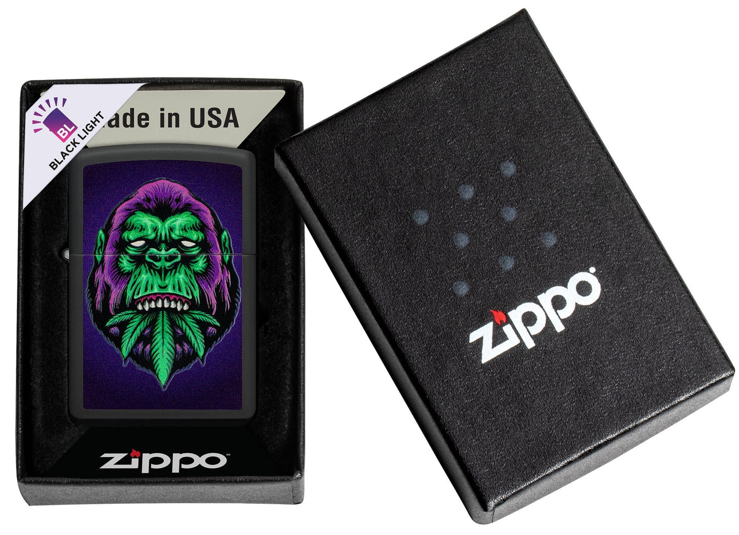 Zippo Black Light Cannabis Gorilla Design Black Matte Windproof Lighter  in its packaging.