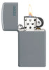 Zippo Slim Flat Grey Zippo Logo Pocket Lighter with its lid open and lit
