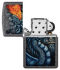 Fiery Dragon Design Iron Stone Windproof Lighter with its lid open and unlit.