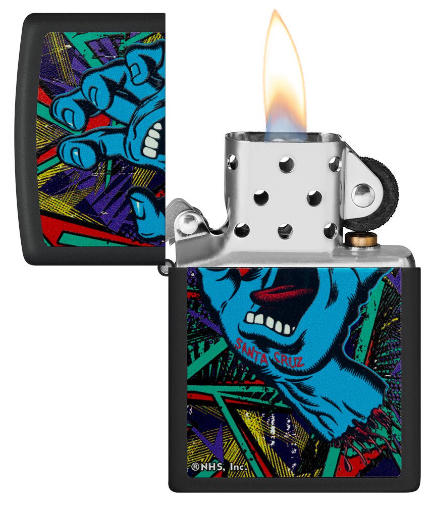 Santa Cruz Screaming Hand Black Light Black Matte Windproof Lighter with its lid open and lit.