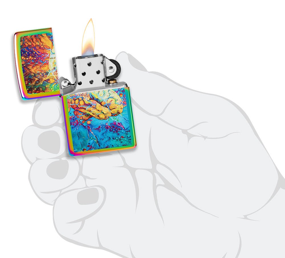 Psychedelic Brain Design Multi Color Windproof Lighter lit in hand.