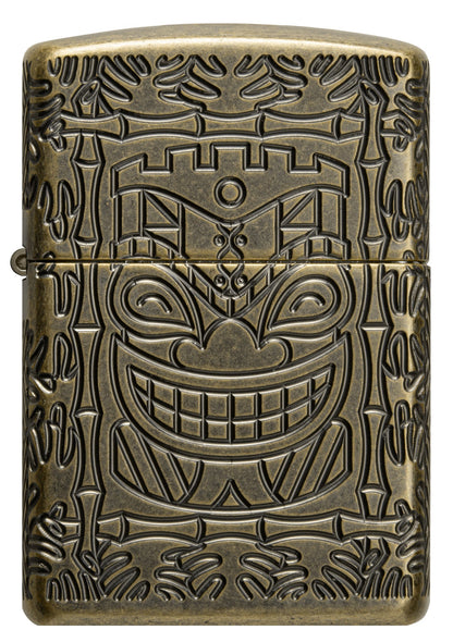 Front shot of Tiki Design Armor® Antique Brass Windproof Lighter.